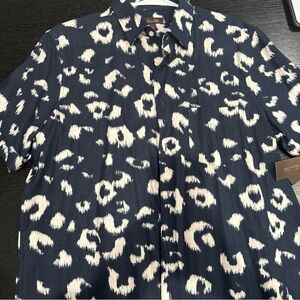 Tasso Elba Mens Stretch Classic Fit Navy Print Button Down Shirt Short Sleeve L